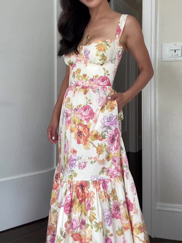 French Temperament Elegant Floral Prints Sling Dress In Summer 2024